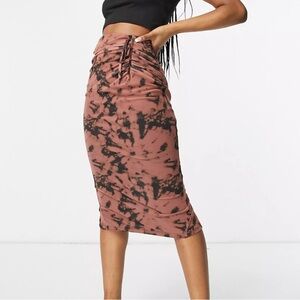 ASOS design mesh midi skirt with ruched detail in tie dye print